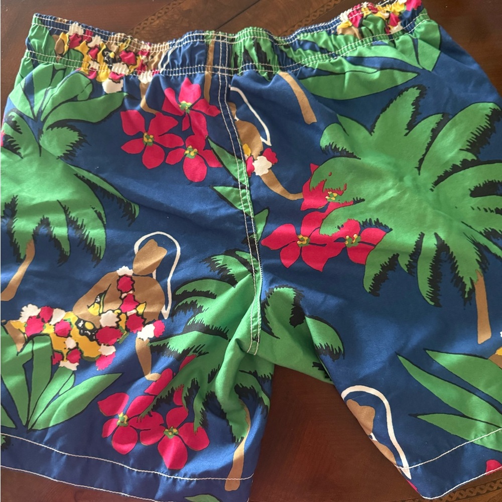 Old Navy Blue Tropical Print Men's Swim Shorts with Green Palms & Red Flowers